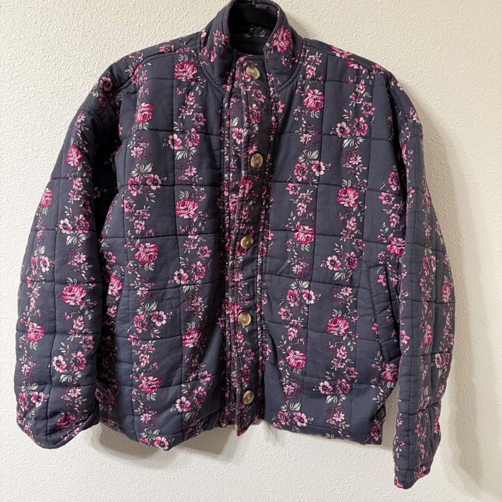 Arizona Jean Co Floral Quilted Jacket Grey Wallpaper Rose Mock Neck Small NWT